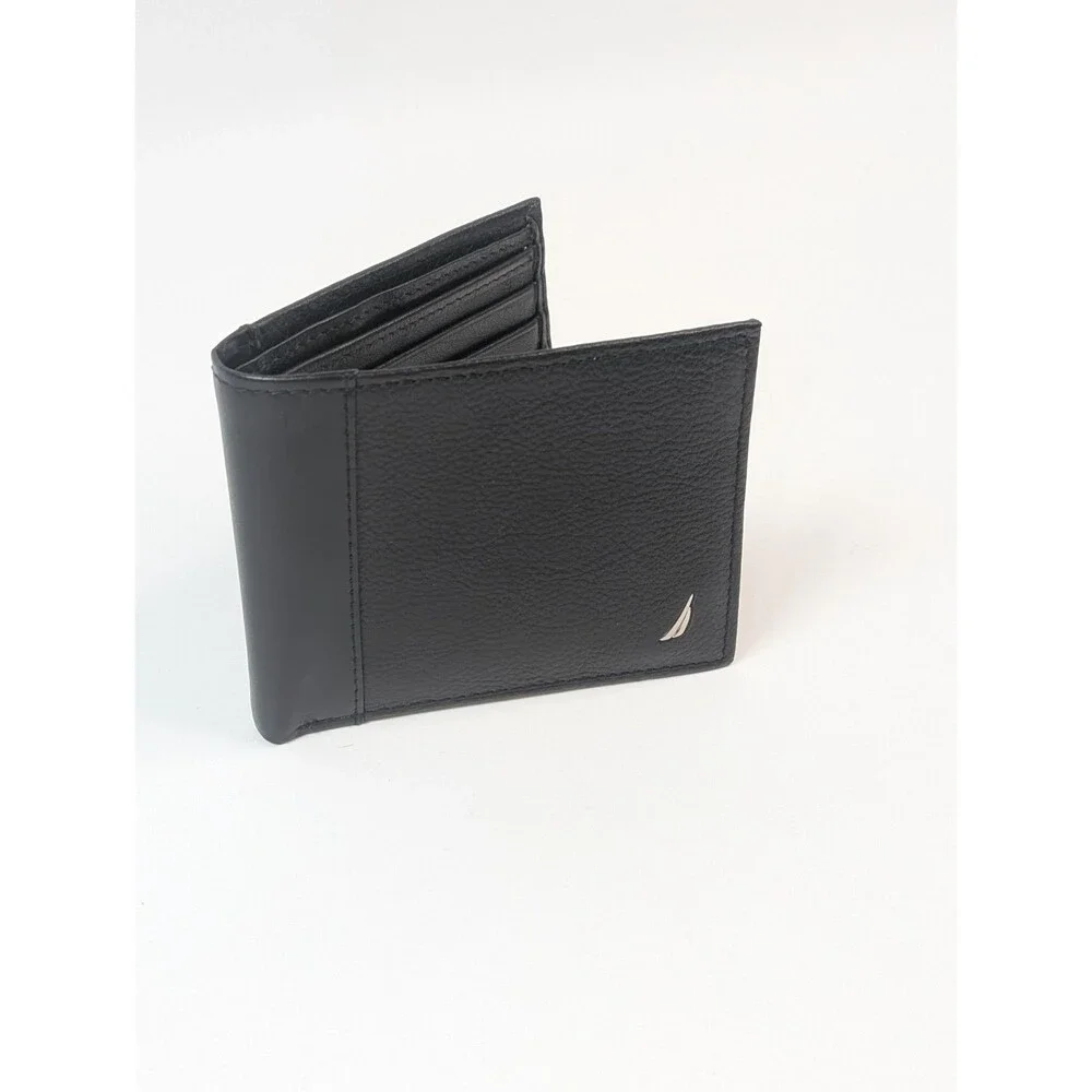 Nautica Black Leather Wallet Bifold ID Window Card Holder Mens